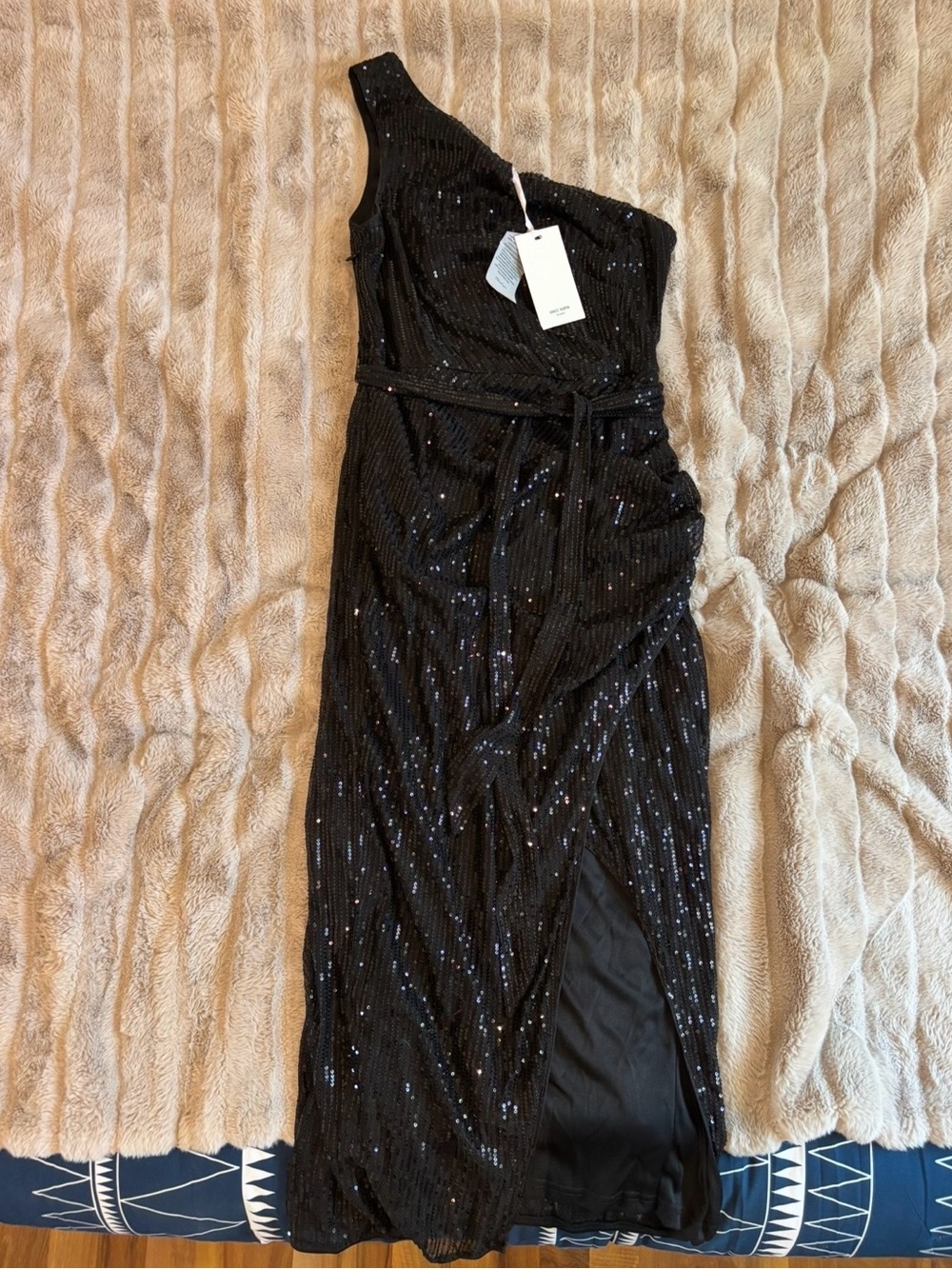 Black One-Shoulder Sequin Wrap Dress